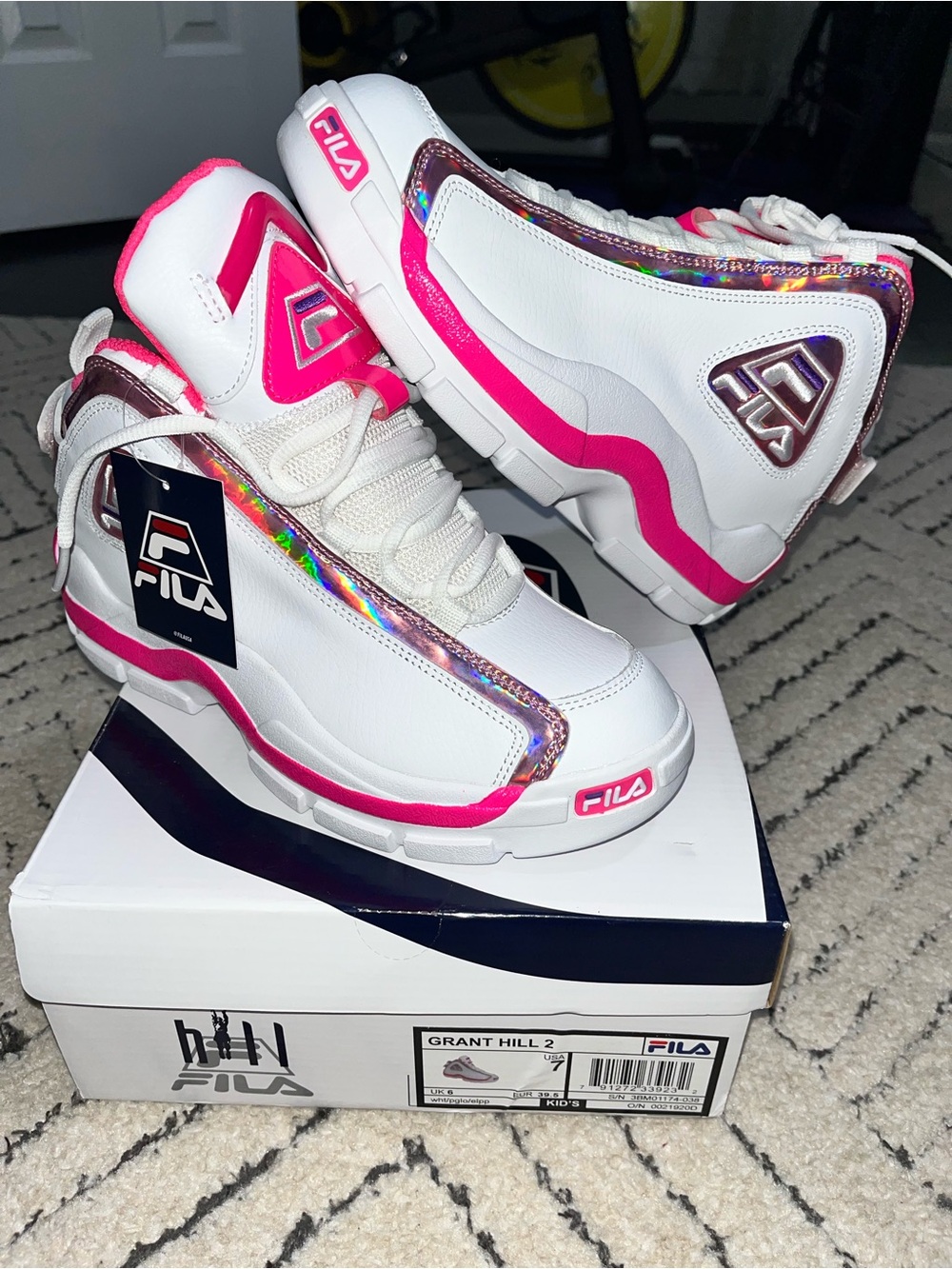 Fila Grant Hill -White and Hot Pink HighTop Sneakers with Rare Iridescent Trim